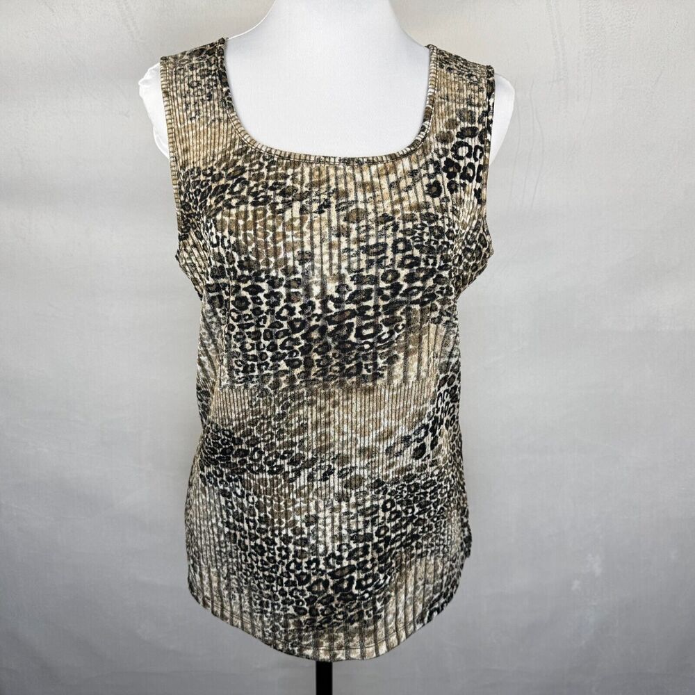 Evan-Picone Black Label Sz M Top Stretch Ribbed Beige Sparkling Animal Print - Picture 1 of 8